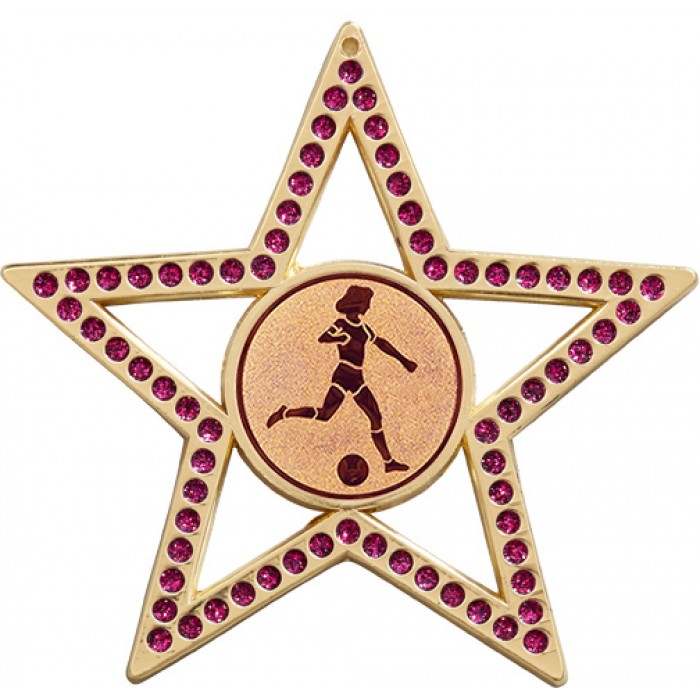 75MM FEMALE FOOTBALL - STAR MEDAL - PURPLE - GOLD, SILVER AND BRONZE